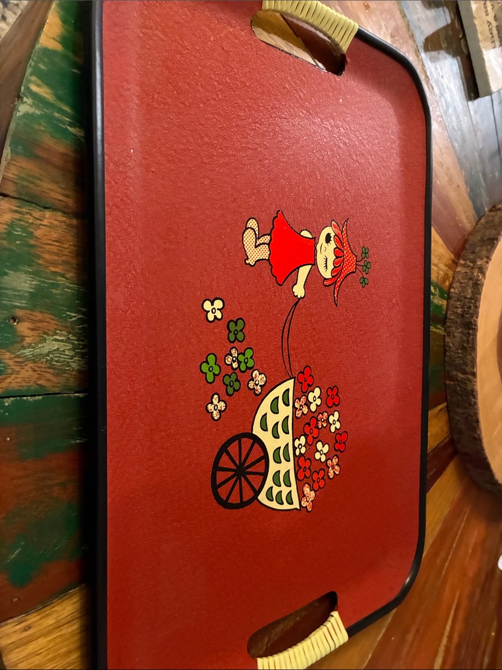 Vintage Made in Japan girl pulling cart Serving Tray. Measures 13.5" by 9.5"